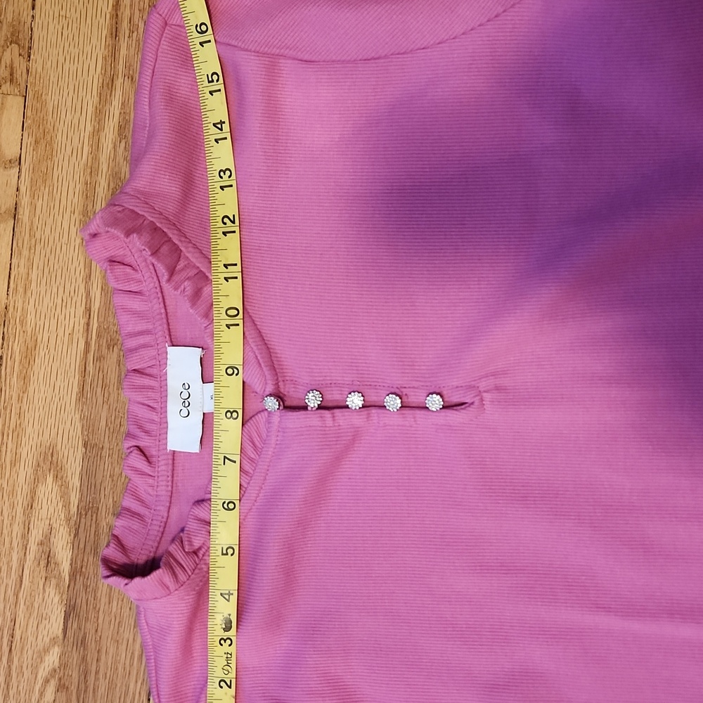 CeCe Vibrant Pink Rhinestone Button Henley Y2k Ribbed Ruffled Base Layer Shirt - Picture 13 of 16